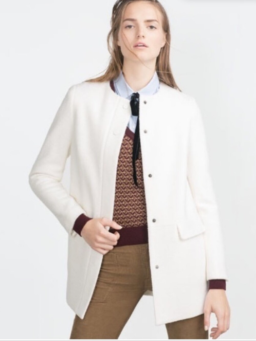 Women's Zara Cream Wool-Blend Pea Coat - Size Large Good Condition